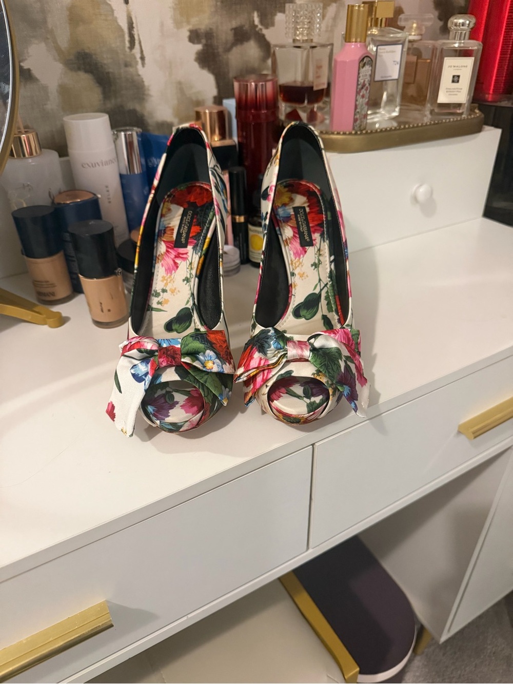 Dolce & Gabbana White Floral Peep-Toe Bow Heels
